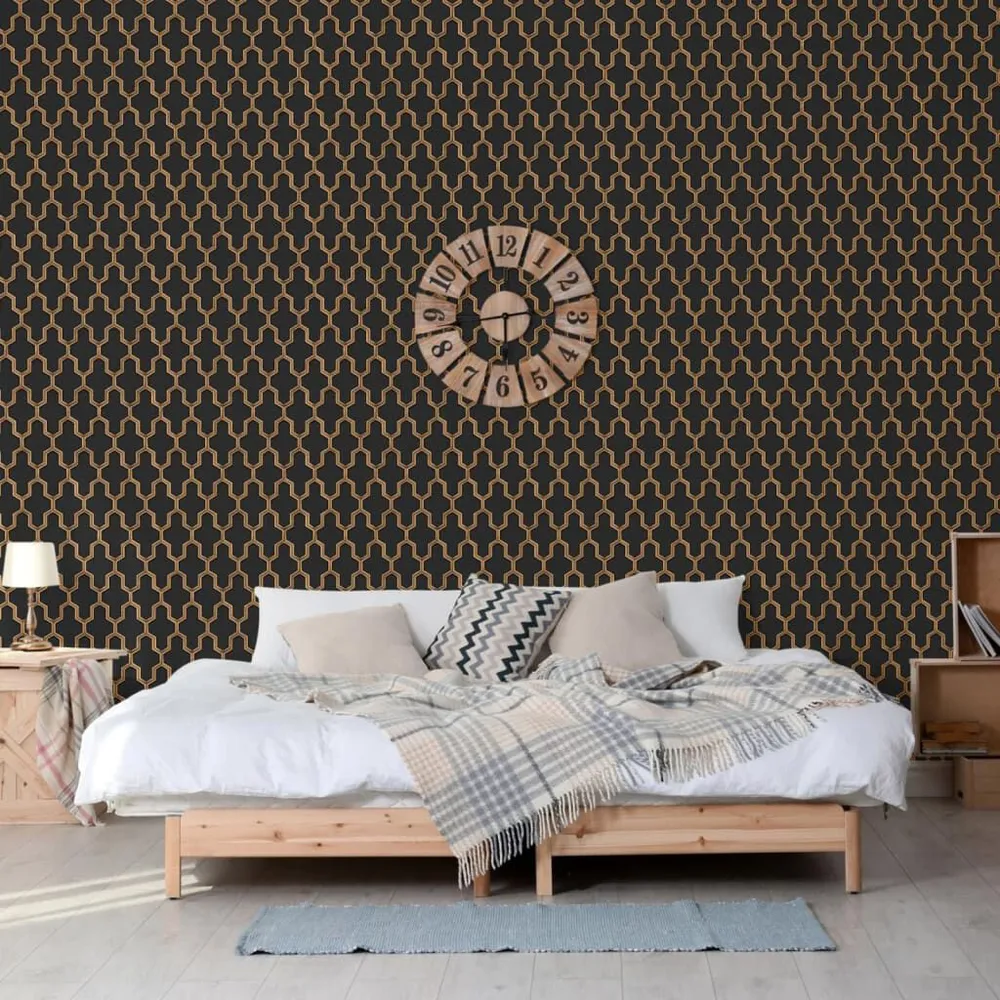 Professionele Kwaliteit DUTCH WALLCOVERINGS Behang Geometric zwart en goudkleurig
