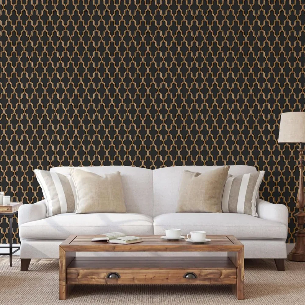 Professionele Kwaliteit DUTCH WALLCOVERINGS Behang Geometric zwart en goudkleurig