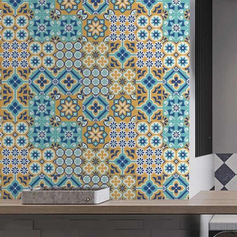 Vochtbestendig Boheemse bloementegelbehangpaneel blauwe zelfklevende muurkunst voor keukenbacksplash