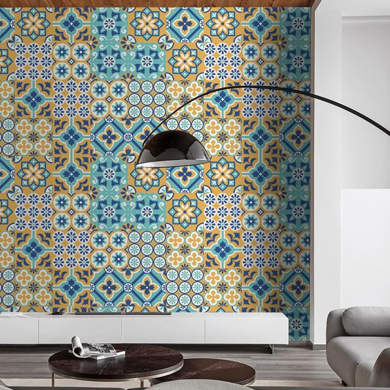 Vochtbestendig Boheemse bloementegelbehangpaneel blauwe zelfklevende muurkunst voor keukenbacksplash
