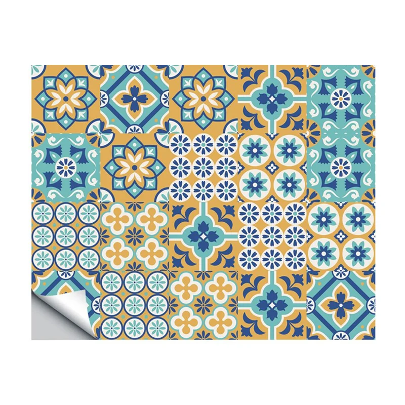 Vochtbestendig Boheemse bloementegelbehangpaneel blauwe zelfklevende muurkunst voor keukenbacksplash