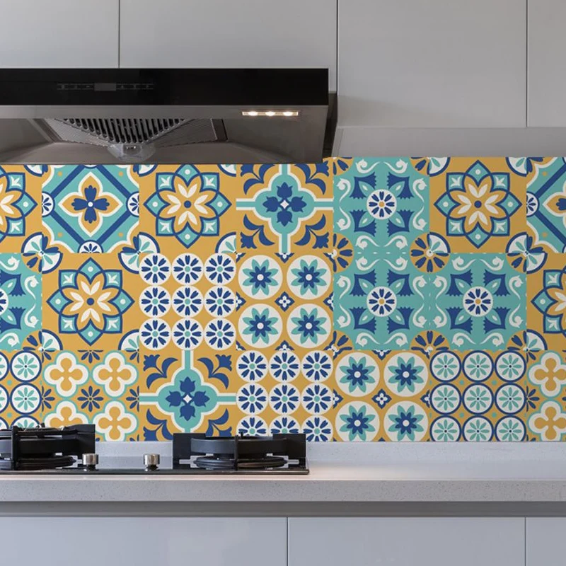 Vochtbestendig Boheemse bloementegelbehangpaneel blauwe zelfklevende muurkunst voor keukenbacksplash