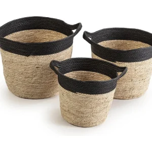 Set van 3 Otilia manden van natuurlijke vezels en papier, zwart/beige met handvatten.