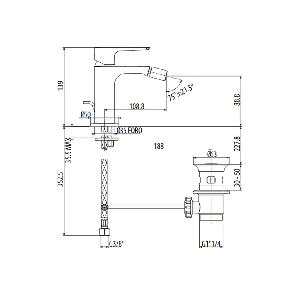 Gattoni bidet mixer, automatisch drain and stainless steel supply flex