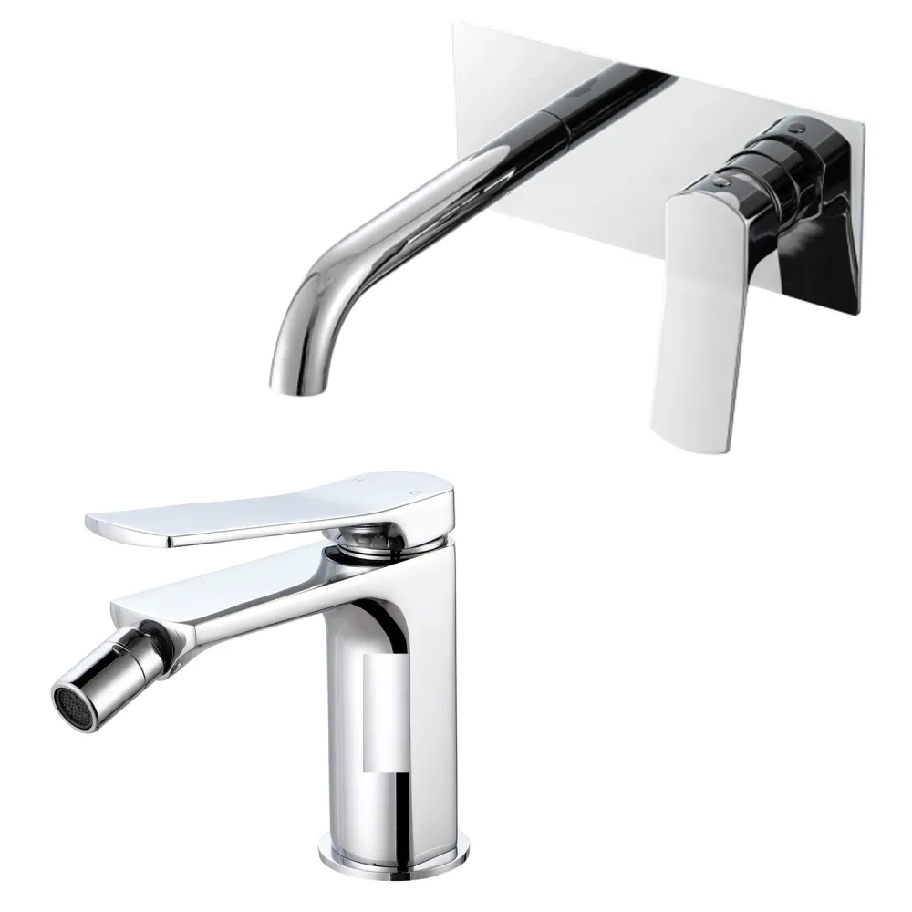Pair built- basin mixers easy box and bidet Lumix series chrome-plated geel koper met Handdouche | 1,5m Slang