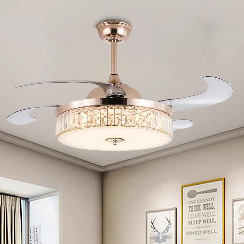 Cilinder plafondventilator licht eigentijds kristal goud LED semi-gemonteerde verlichting met afstandsbediening/muurbedien...