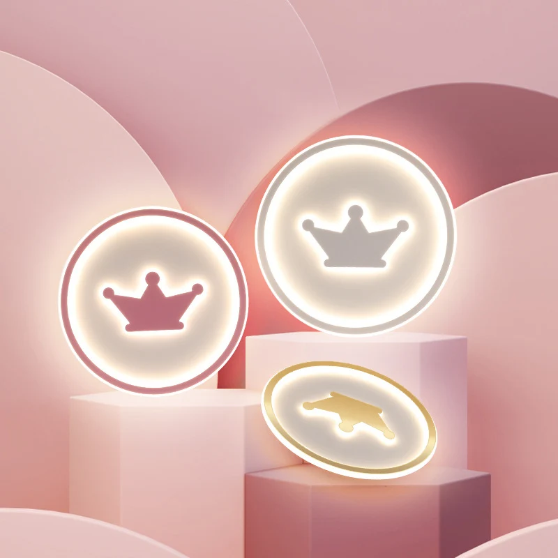 Cartoon Crown Inbouwlamp Acryl Kinderkamer LED Ronde Plafondlamp Roze/Goud/Wit, 16"/19,5" Breedte met Afstandsbediening