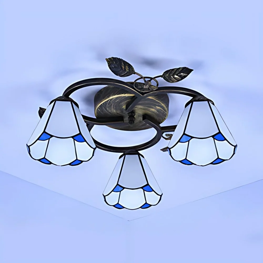 Conische vorm plafondlamp Tiffany glas--lood 3-lichts inbouw plafondarmatuur wit/blauw voor woonkamer met Afstandsbediening