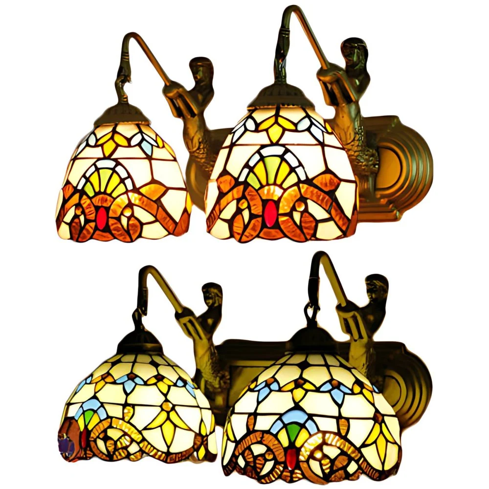 Energiezuinige 2 Heads Dome Sconce Licht Barok Beige Veelkleurig Glas--lood Wandmontage Zacht, 16"/18" Breed