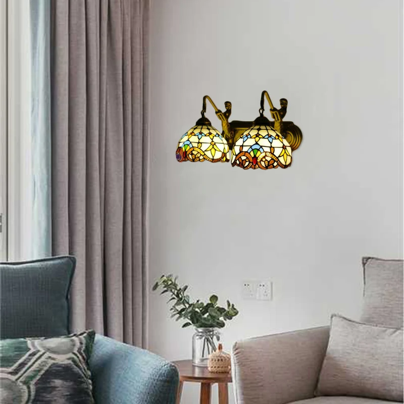 Energiezuinige 2 Heads Dome Sconce Licht Barok Beige Veelkleurig Glas--lood Wandmontage Zacht, 16"/18" Breed