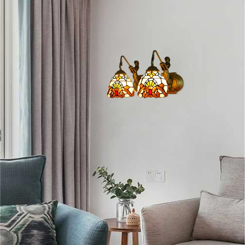 Energiezuinige 2 Heads Dome Sconce Licht Barok Beige Veelkleurig Glas--lood Wandmontage Zacht, 16"/18" Breed
