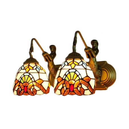 Energiezuinige 2 Heads Dome Sconce Licht Barok Beige Veelkleurig Glas--lood Wandmontage Zacht, 16"/18" Breed
