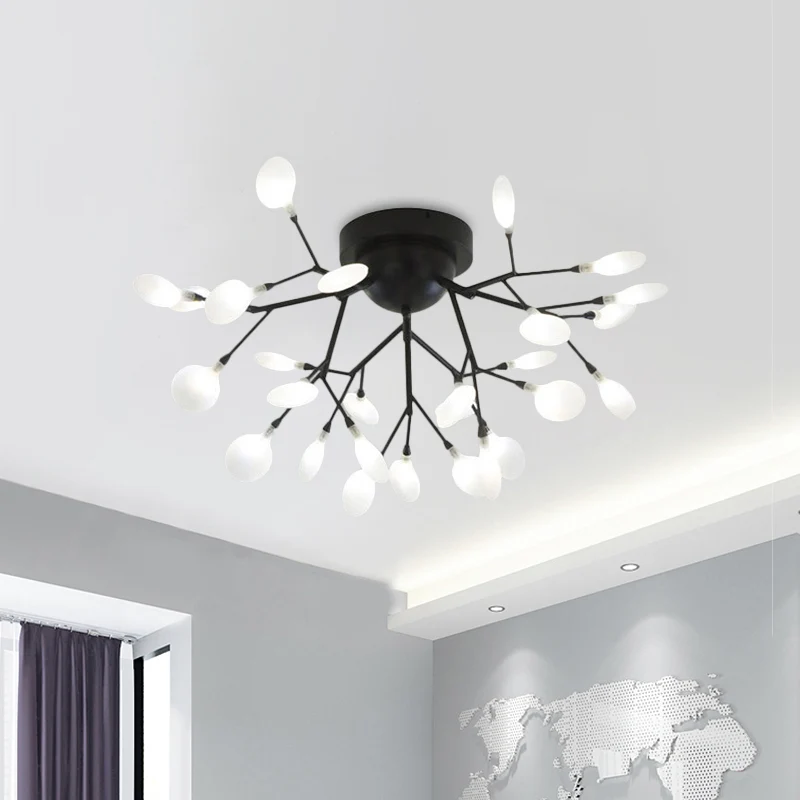Premium LED Zwarte Twig-plafondlamp met ronde bloem Multi-Head Creatieve metallic semi-inbouwplafondlamp voor café