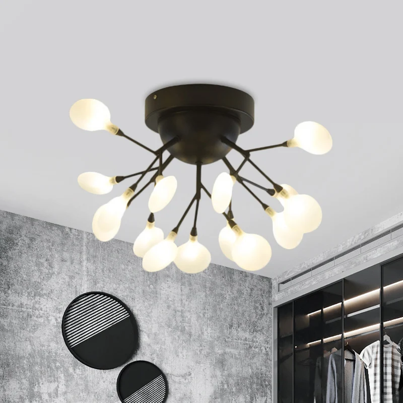 Premium LED Zwarte Twig-plafondlamp met ronde bloem Multi-Head Creatieve metallic semi-inbouwplafondlamp voor café