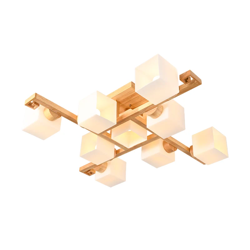 Witte glazen kubus semi-inbouw Noordse inbouwplafondlamp met houten luifel met Afstandsbediening