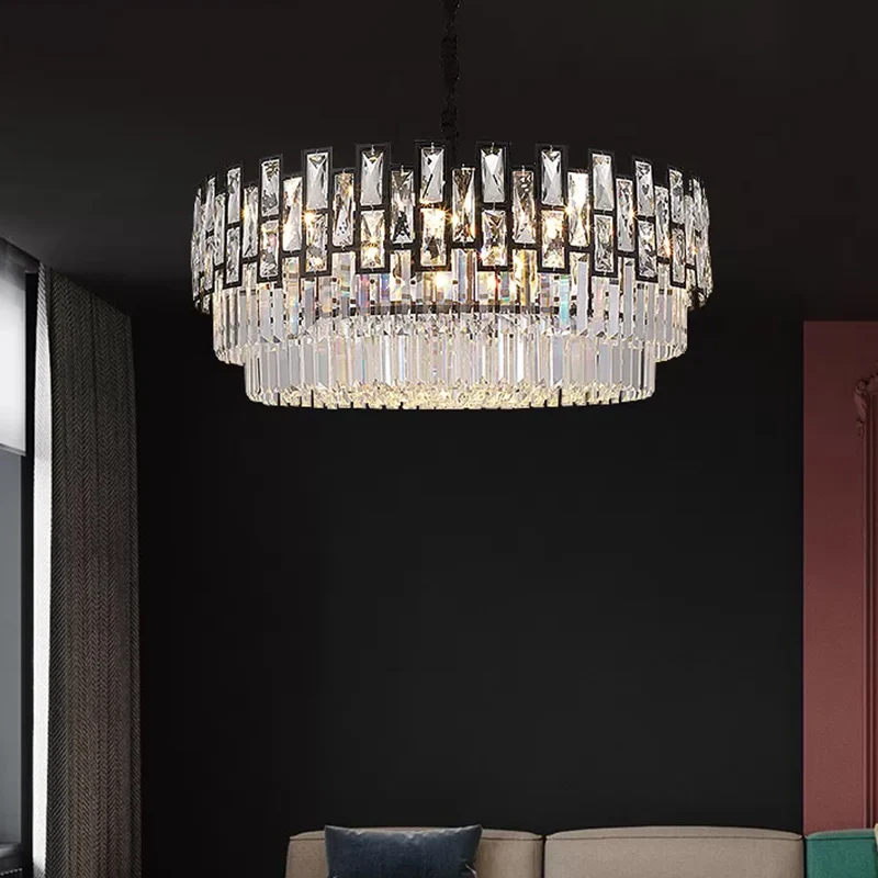 Zwarte ronde plafondverlichting postmoderne gefacetteerde kristallen kroonluchter lichtarmatuur voor woonkamer met Afstand...