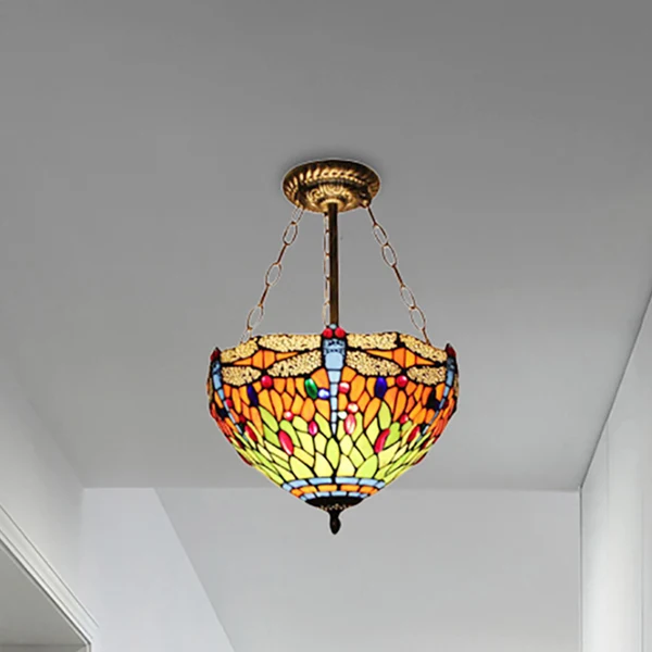 12"/16" brede glas--lood Dragonfly plafondlamp Villa rustieke Tiffany omgekeerde semi-inbouw plafondlamp oranje - Incl. Ga...