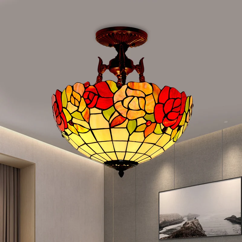 3-lichts semi-inbouw mediterrane bloem wit/rood/geel glas--lood plafondmontagelicht voor slaapkamer - Incl. Garantie