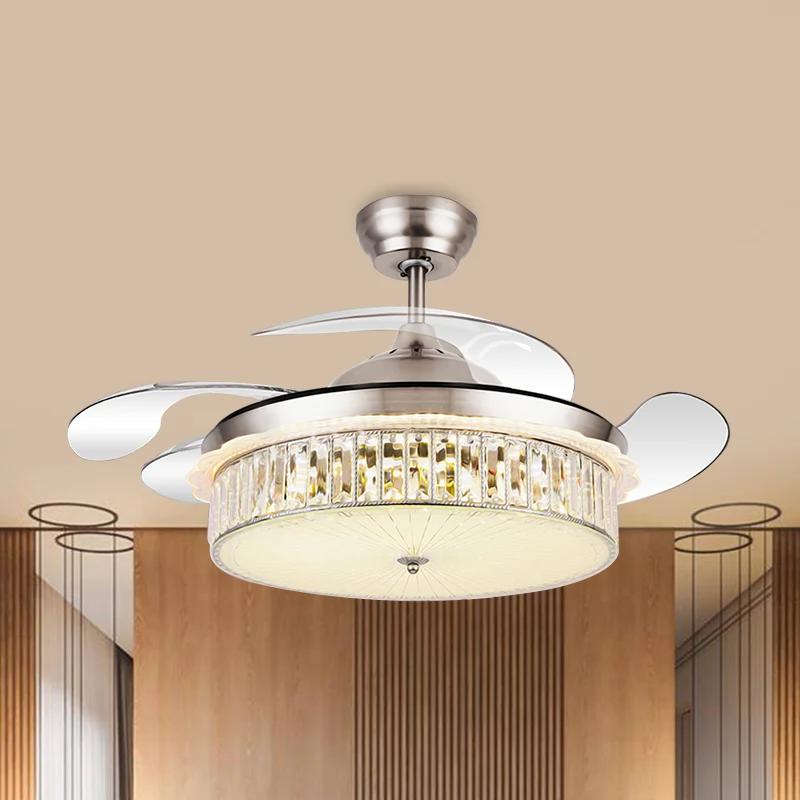 Drum hangende ventilatorlamp armatuur minimalistisch kristal rechthoek zilver/goud 19" breedte LED semi-flush met 4-blade...