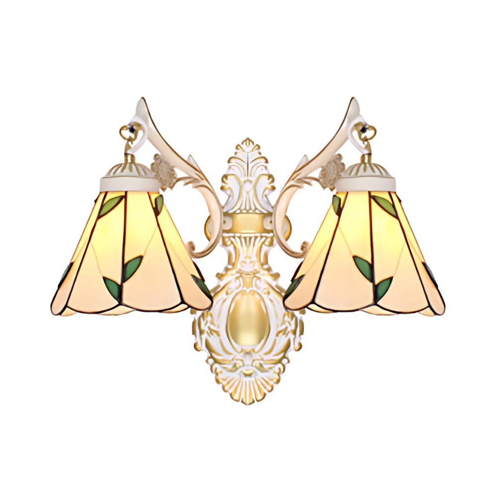 Energiezuinige LED Bladwandverlichting Klassiek traditioneel glas--lood 2-kops wandmontagelicht wit/antiek messing voor sl...