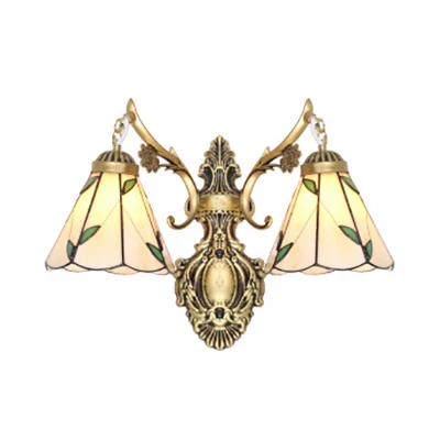 Energiezuinige LED Bladwandverlichting Klassiek traditioneel glas--lood 2-kops wandmontagelicht wit/antiek messing voor sl...