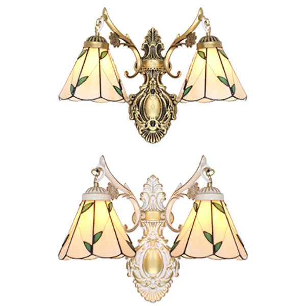 Energiezuinige LED Bladwandverlichting Klassiek traditioneel glas--lood 2-kops wandmontagelicht wit/antiek messing voor sl...
