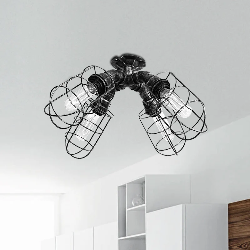 Energiezuinige LED Gekooide slaapkamer halfverzonken plafondarmatuur Rustiek industrieel ijzer 4 lampen Brons/verouderd zi...