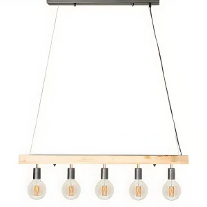Energiezuinige LED Hanglamp balk van hout met 5 industriële lampen JULBO - Metaal - H17,5 cm - Naturel