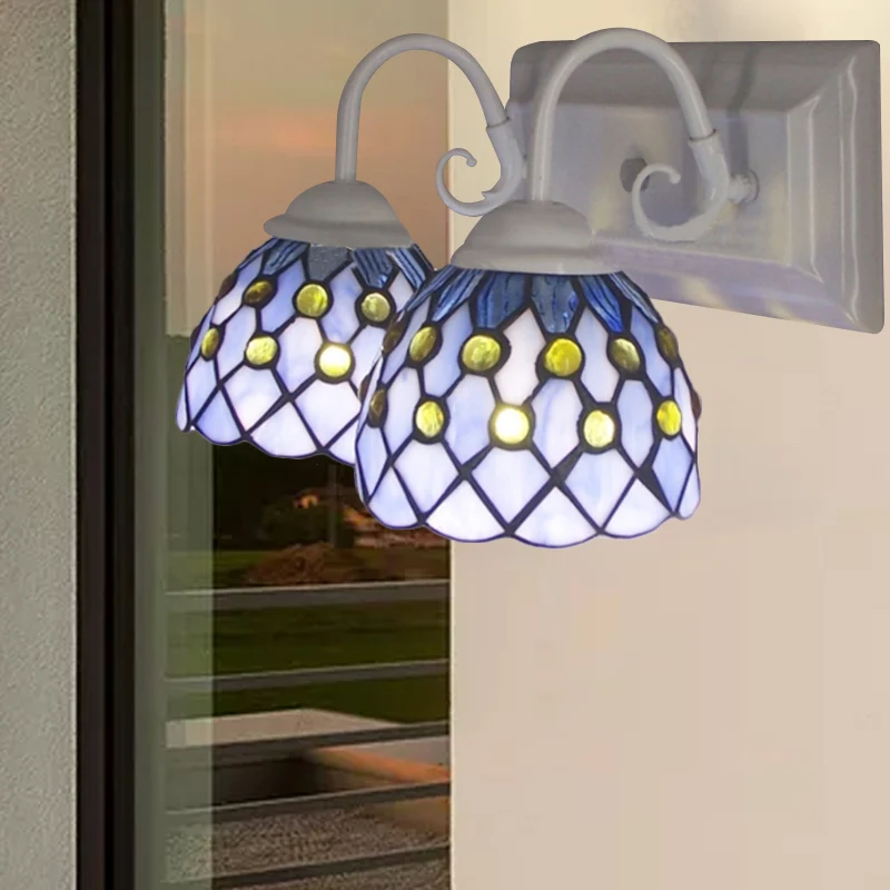 Global Wandkandelaar met kraal Tiffany Style 2-lichts glas--lood wandlamp hemelsblauw/blauw voor slaapkamer | Snel Leverbaar