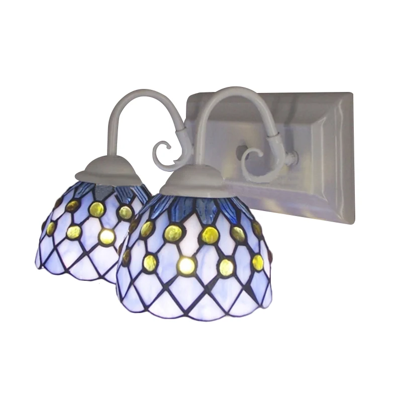 Global Wandkandelaar met kraal Tiffany Style 2-lichts glas--lood wandlamp hemelsblauw/blauw voor slaapkamer | Snel Leverbaar