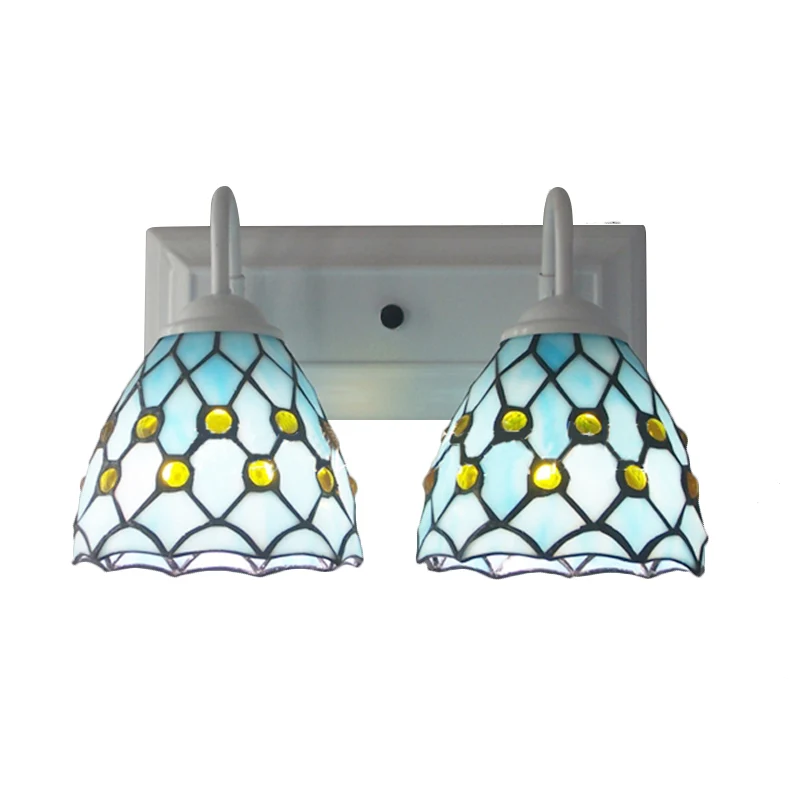 Global Wandkandelaar met kraal Tiffany Style 2-lichts glas--lood wandlamp hemelsblauw/blauw voor slaapkamer | Snel Leverbaar