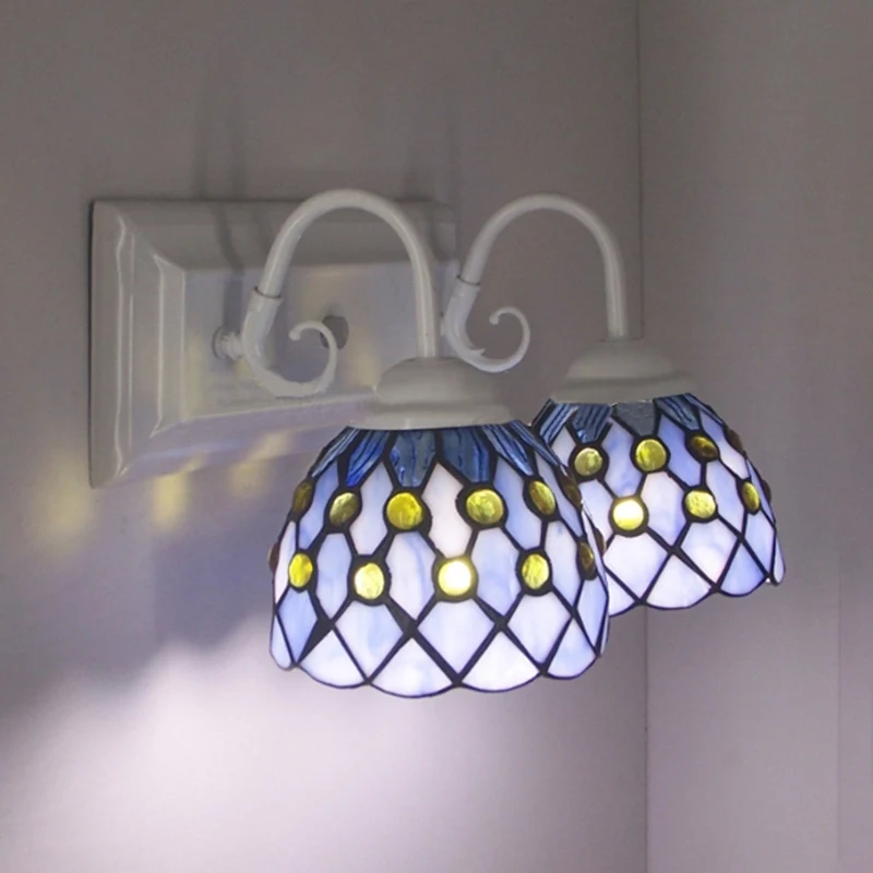 Global Wandkandelaar met kraal Tiffany Style 2-lichts glas--lood wandlamp hemelsblauw/blauw voor slaapkamer | Snel Leverbaar