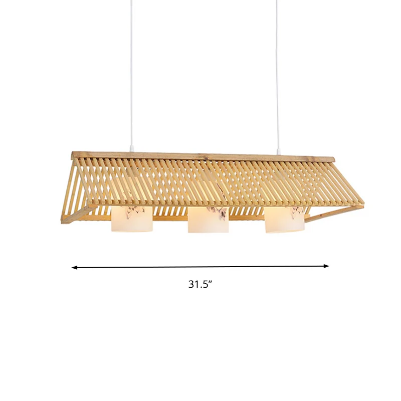 Modernist Linear Island Lighting Wood 3-Light Dining Room Island Lamp Ivoor Glass Cylinder Shade Beige/Brown Beige