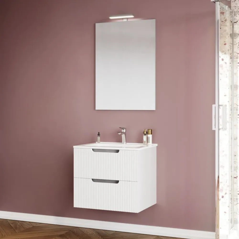 Wall-mounted bathroom cabinet Cubi&Co Malta 60 ribbed front, lamp and mirror - Lak White