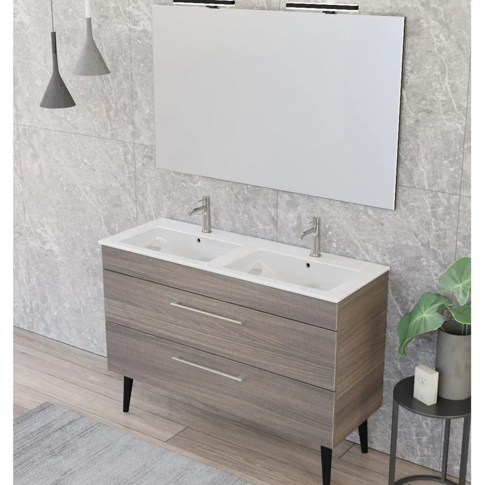 Wall-mounted bathroom composition Smack 2 drawers 118x62 duo sink, mirror LED lamp natural elm