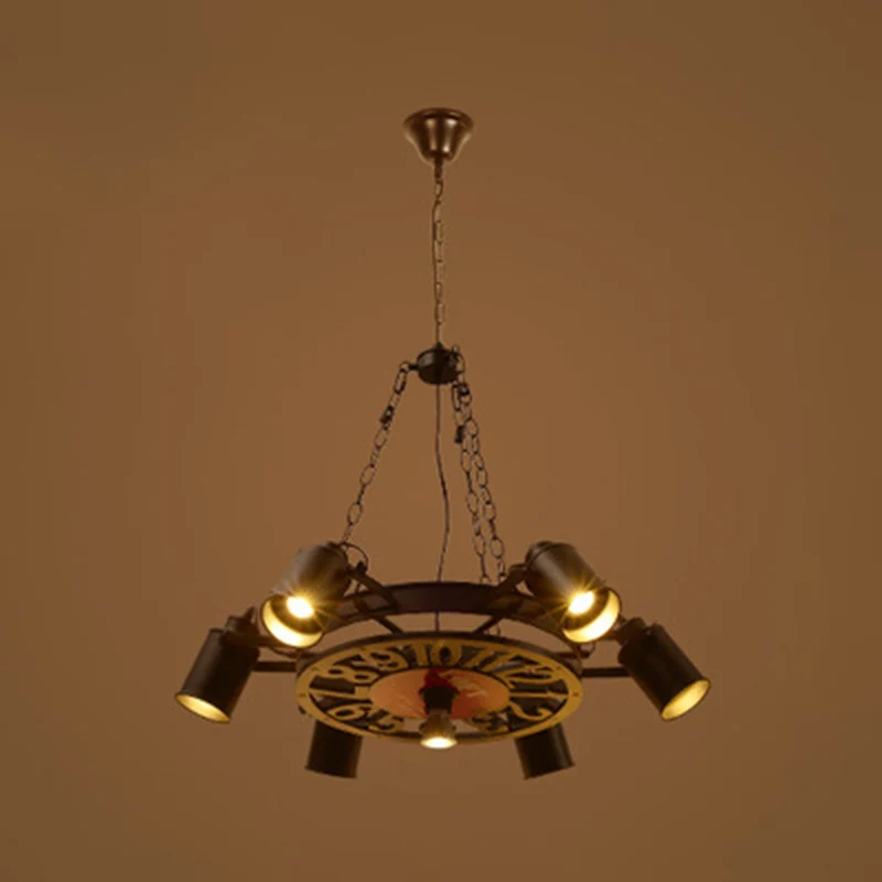 Vintage industriële wielvormige kroonluchter zacht nautische stijl zwart smeedijzeren hangende verlichtingsarmatuur voor k...