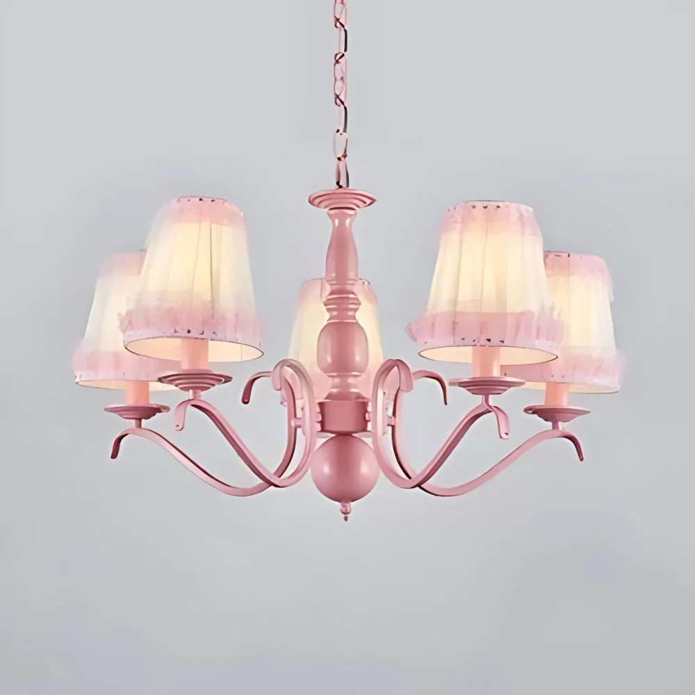 Waterdichte IP65 Kindertrapeziumvormige schaduwkroonluchter met kanten metalen hanglamp roze voor restaurant