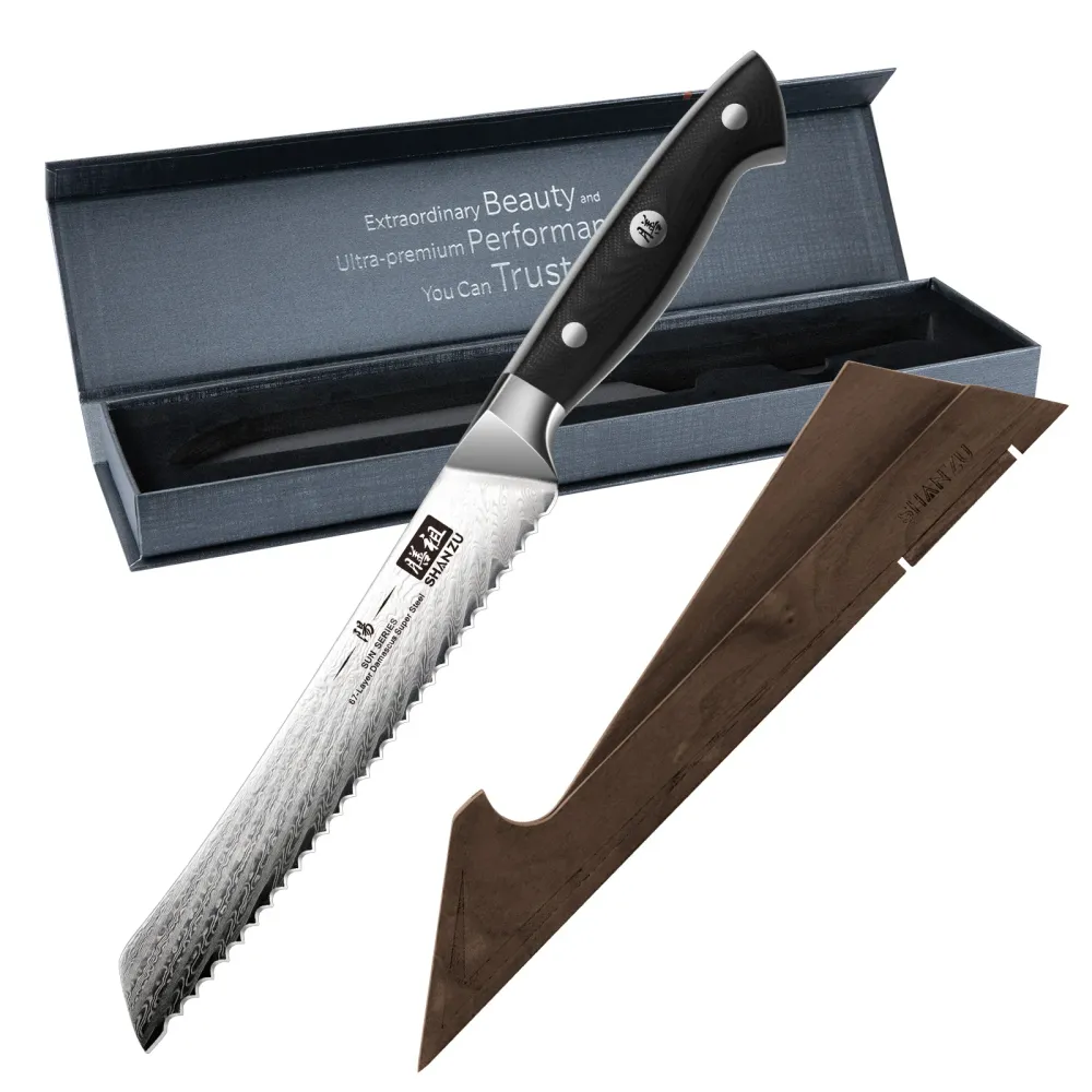 Soleil Series | SHAN ZU Damascus Bread Knife 8' + Magnetic Knife Holder met Temperatuurdisplay