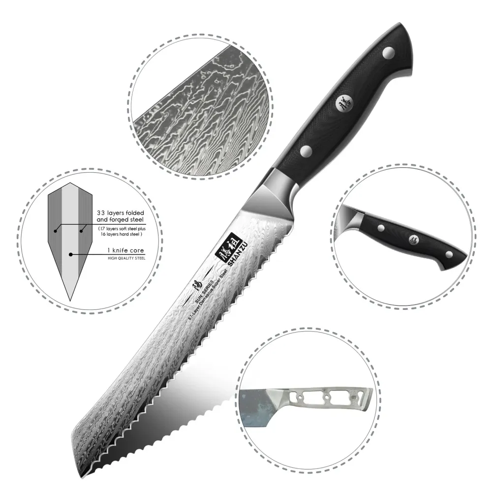 Soleil Series | SHAN ZU Damascus Bread Knife 8' + Magnetic Knife Holder met Temperatuurdisplay