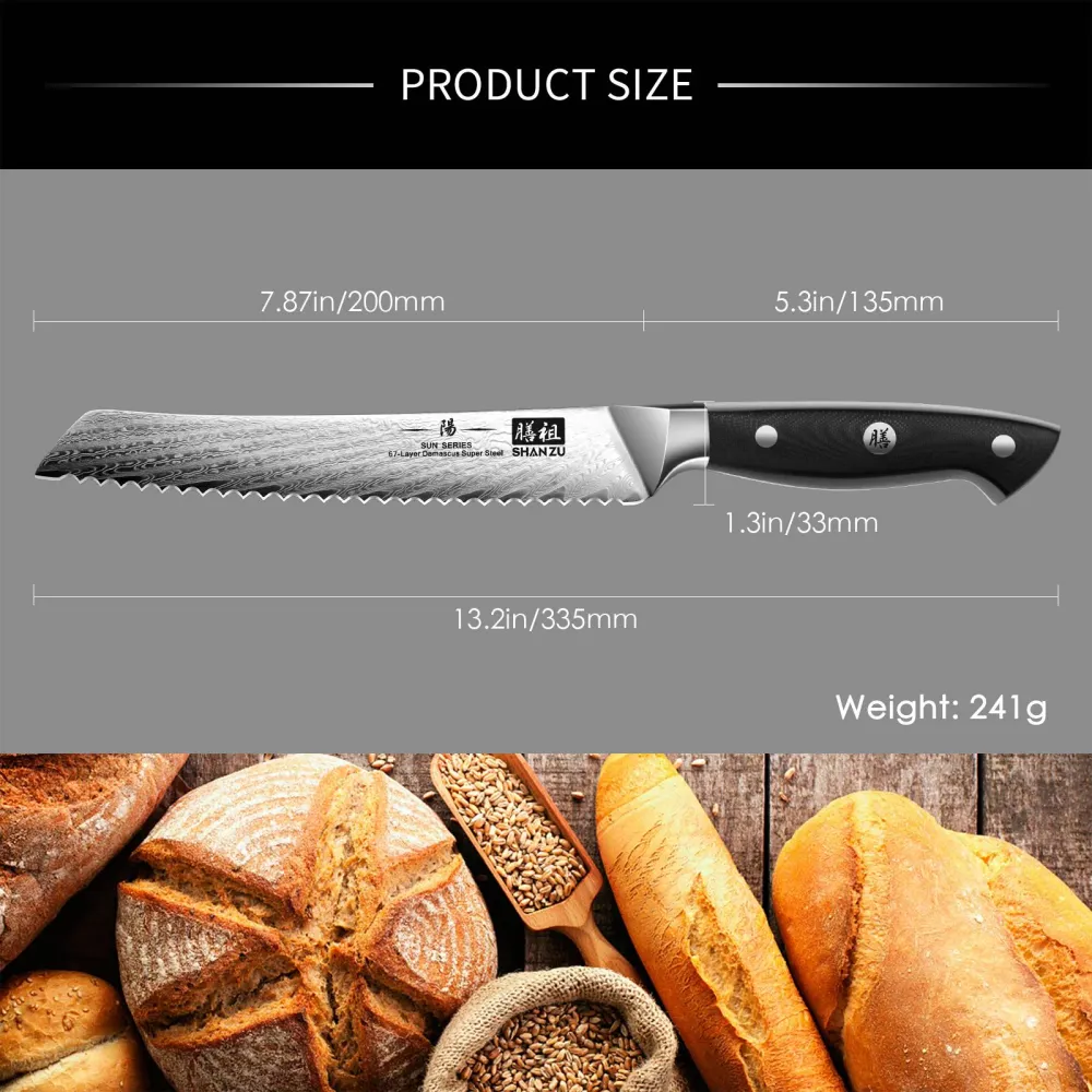 Soleil Series | SHAN ZU Damascus Bread Knife 8' + Magnetic Knife Holder met Temperatuurdisplay