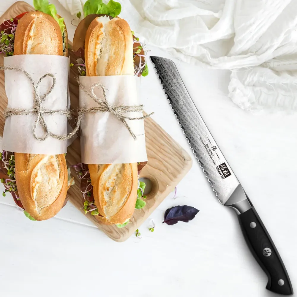 Soleil Series | SHAN ZU Damascus Bread Knife 8' + Magnetic Knife Holder met Temperatuurdisplay