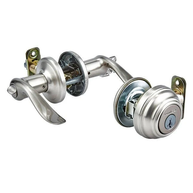 Kwikset Signatures Tustin Satijn Nickel Smartkey Single-Cylinder Deadbolt Universal Keyed Entry Door Handle Combo Pack voo...