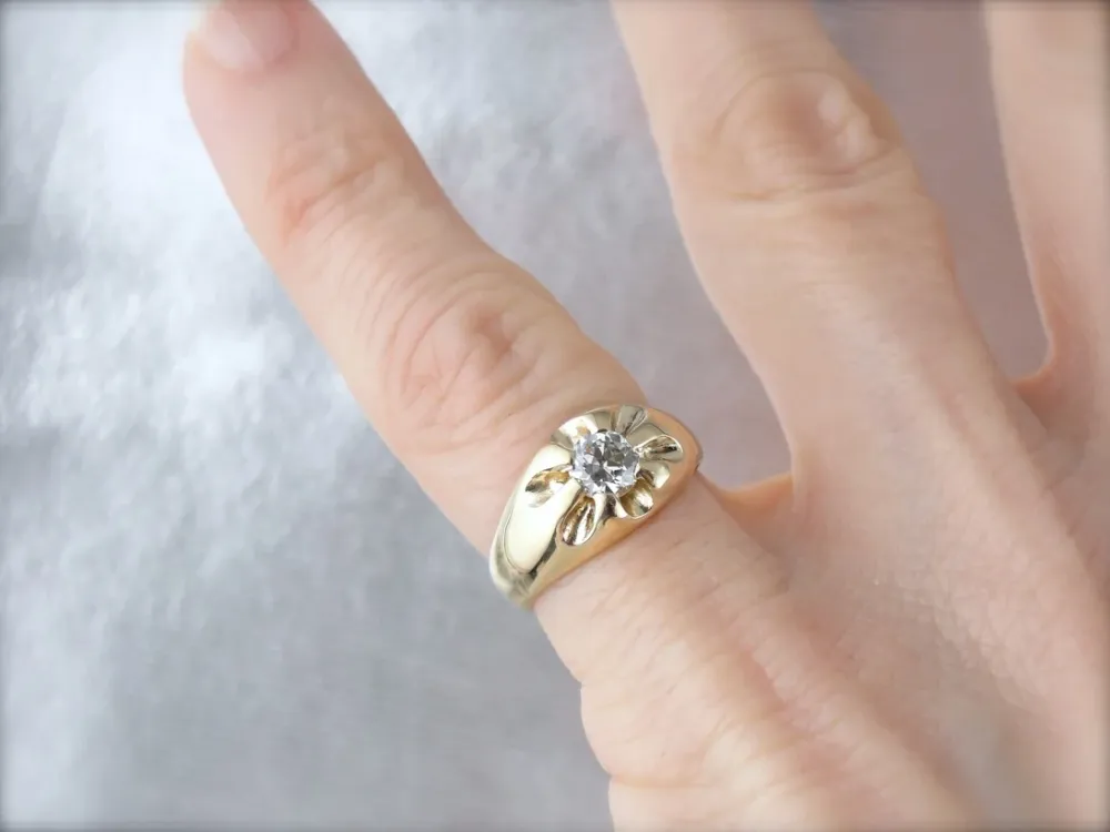 Pretty Belcher Set Diamond Solitaire, Mens or Ladies Antiek Ring met nachtsluiting