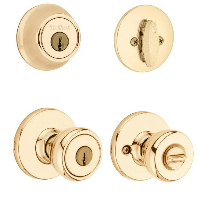 Kwikset Security Tylo Glad Brass Exterior Single-cylinder deadbolt Keyed Entry Door Knob Combo Pack Antimicrobial Technology