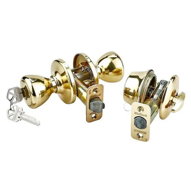 Kwikset Security Tylo Glad Brass Exterior Single-cylinder deadbolt Keyed Entry Door Knob Combo Pack Antimicrobial Technology
