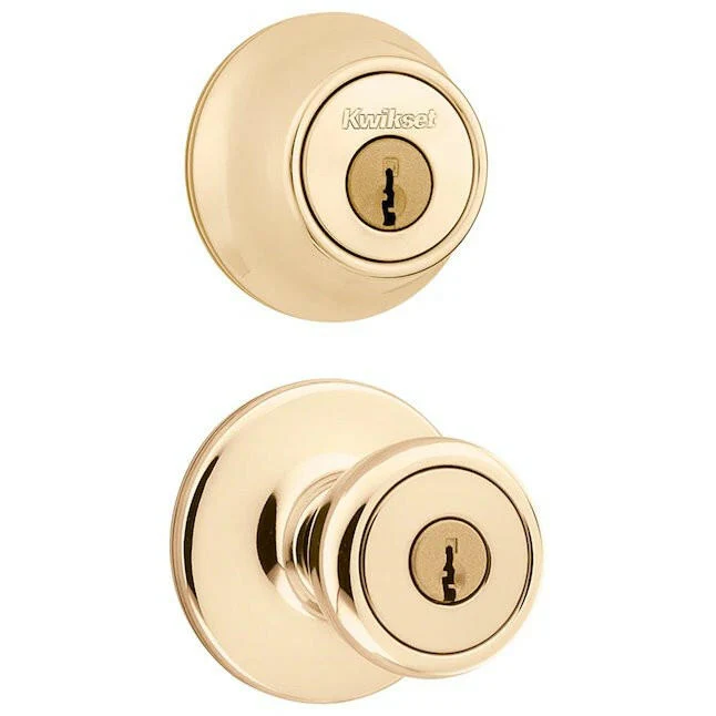 Kwikset Security Tylo Glad Brass Exterior Single-cylinder deadbolt Keyed Entry Door Knob Combo Pack Antimicrobial Technology