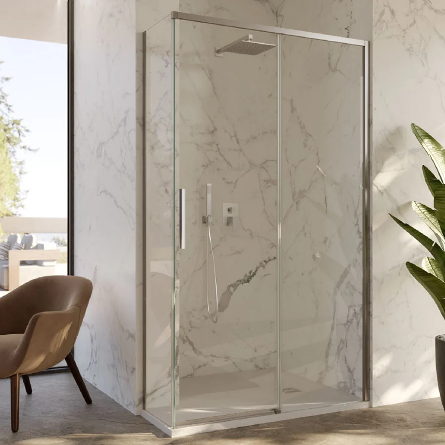 Corner shower enclosure 80x140 fixed side and sliding door 6 mm crystal and bright verchroomd profile Right version