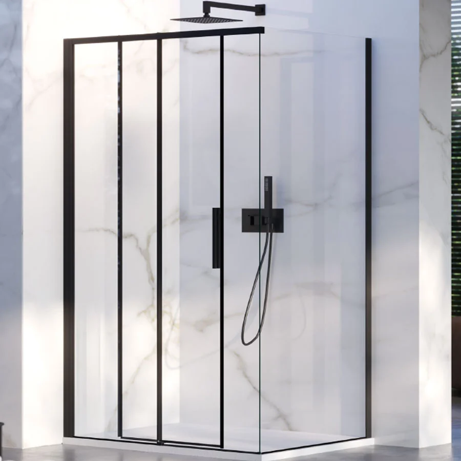 Corner shower enclosure 90x150 fixed side and sliding door 6 mm crystal and zwart profile Left version