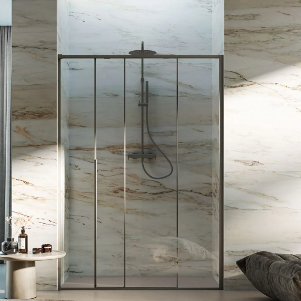 Sliding shower door Prestige 140 cm 6 mm crystal and minimal lichtmetaal profile Taupe color. Right version