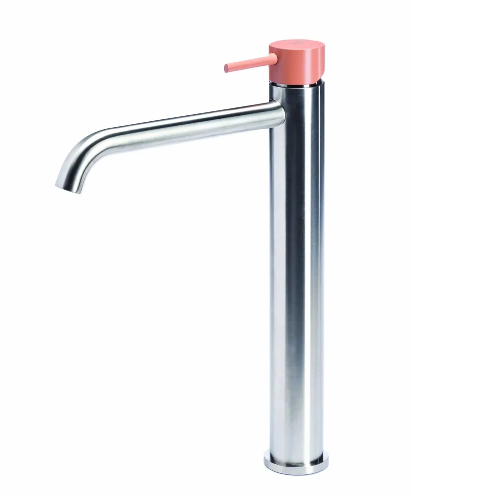 High Basin Mixer Tap without Drain Stainless Steel Zachtglans Finish Blush Color Handle Tubico Colorado